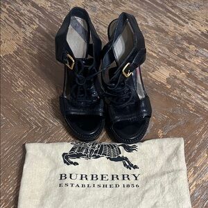 Burberry Black Leather Lace-Up Wedge Sandals with Gold Buckles